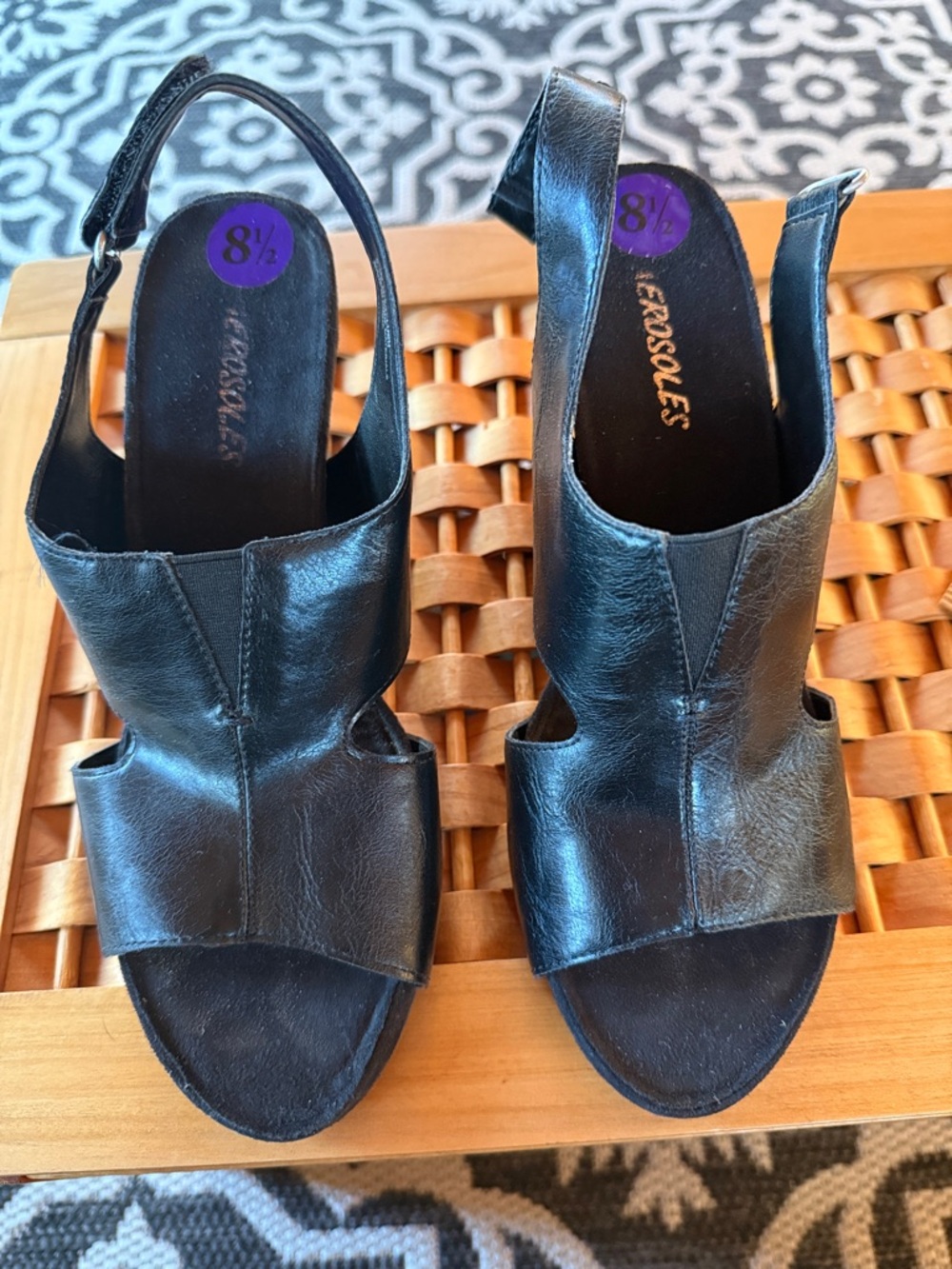 AEROSOLES Black Leather Open-Toe Slingback Wedge Mules